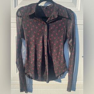 Madewell Black and Red Floral Sheer Button Down Shirt